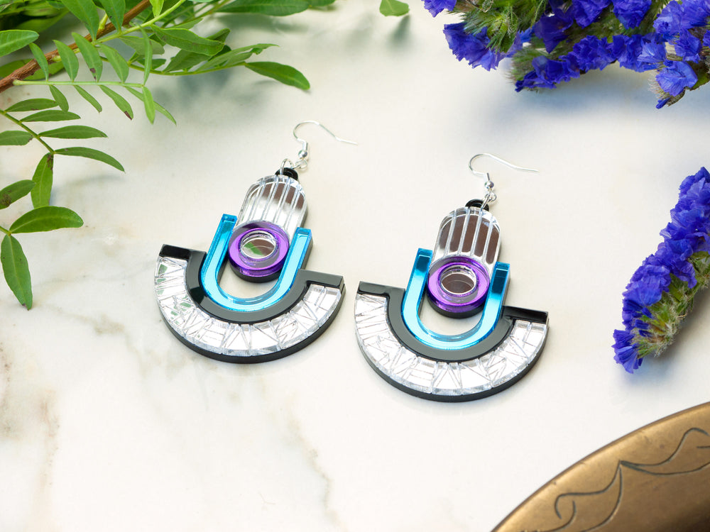FORM049 Earrings - Silver, Skyblue, Mirror purple