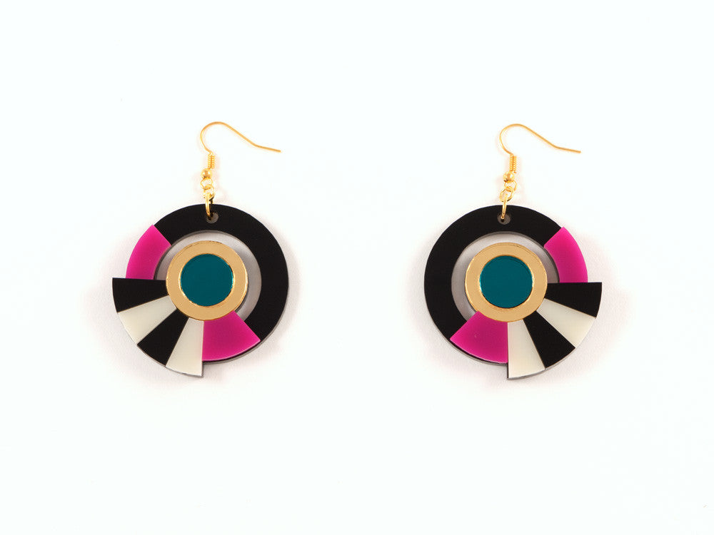 FORM017 Earrings - Gold, Teal, Pink