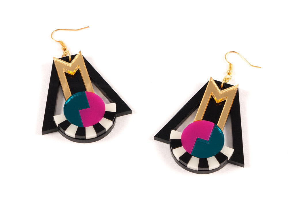 FORM018 Earrings - Gold, Teal, Pink