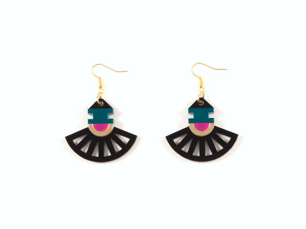 FORM023 Earrings - Gold, Teal, Pink