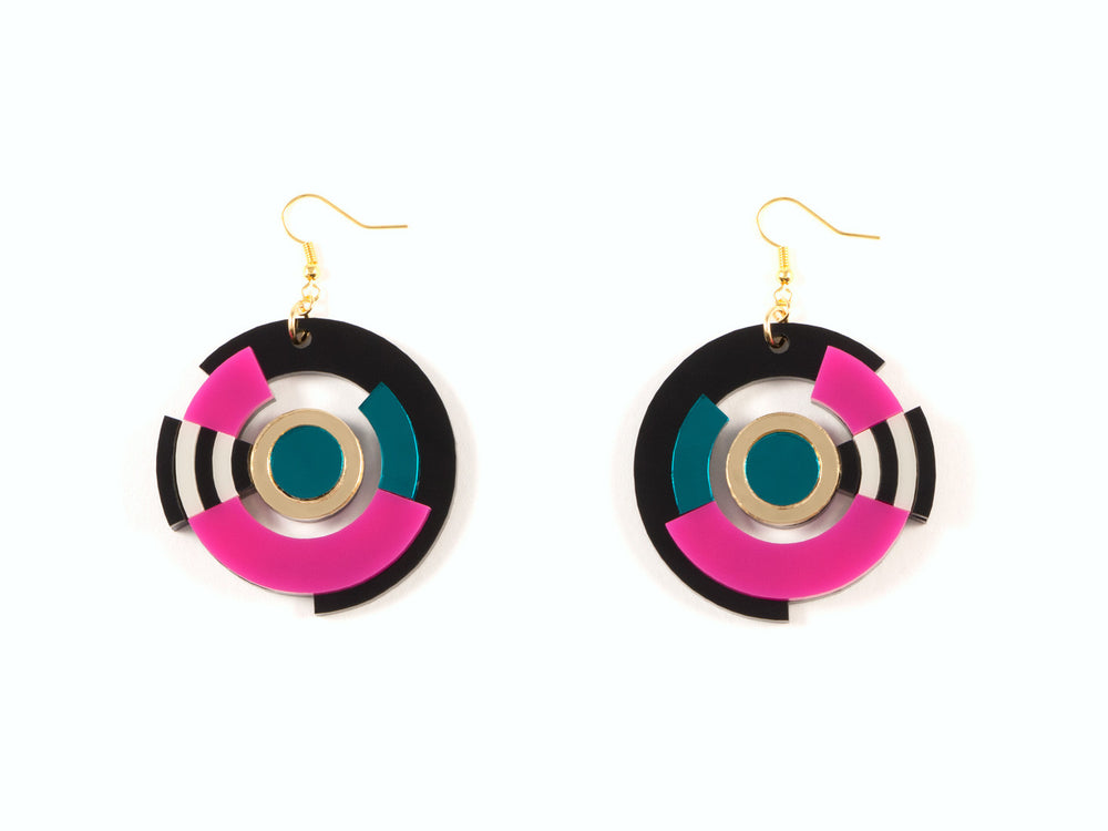 FORM024 Earrings - Gold, Teal, Pink