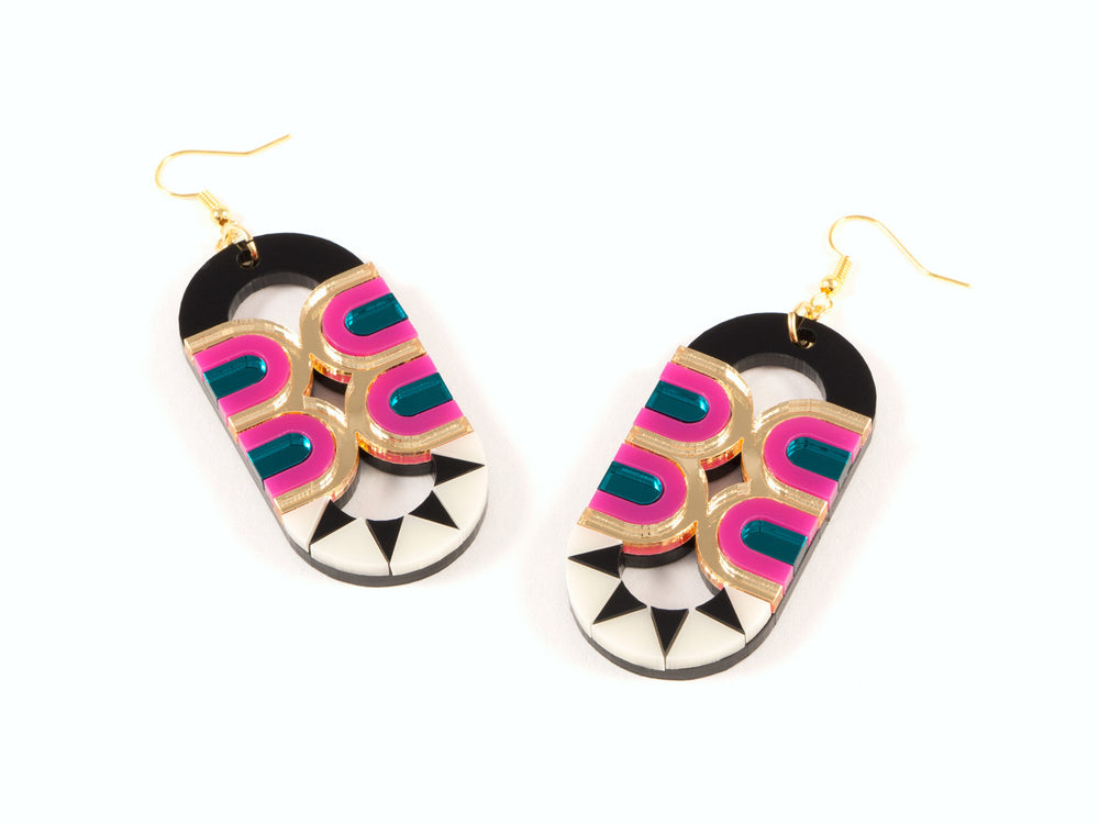 FORM025 Earrings - Gold, Teal, Pink