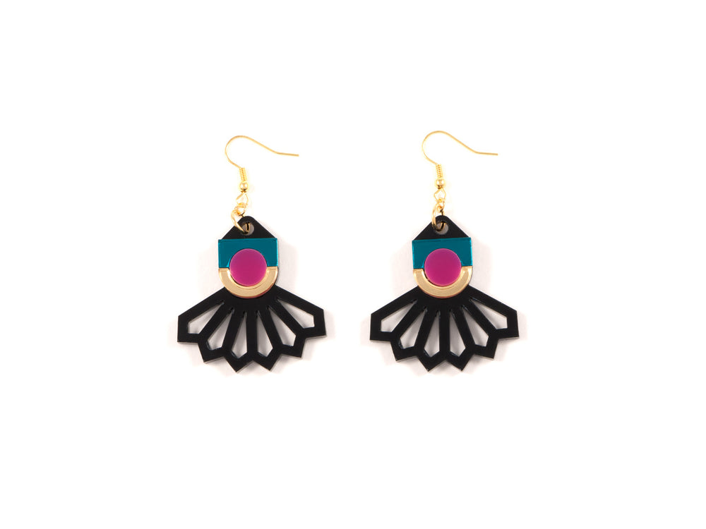 FORM034 Earrings - Gold, Teal, Pink