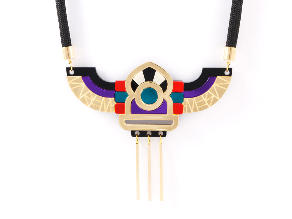 FORM051 Necklace - Gold, Orange, Teal, Mirror purple