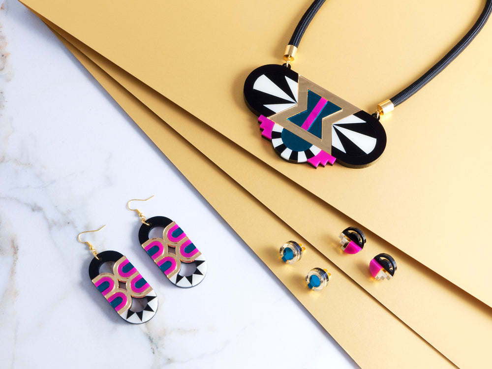 FORM029 Necklace - Gold, Teal, Pink