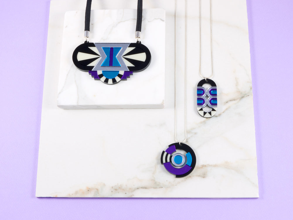 FORM027 Necklace - Silver, Skyblue, Purple