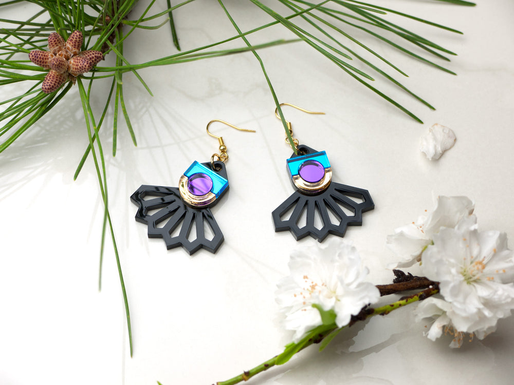 FORM034 Earrings - Gold, Skyblue, Purple