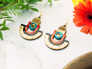 FORM049 Earrings - Gold, Orange, Teal