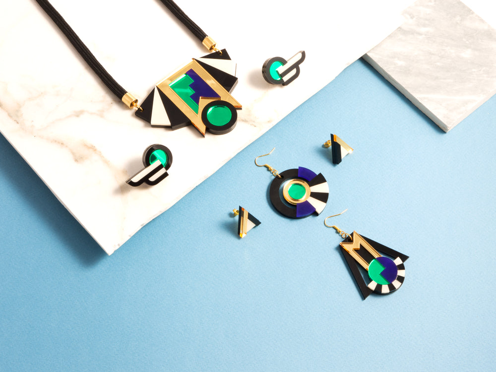 FORM015 Earrings - Green, Black, Ivory