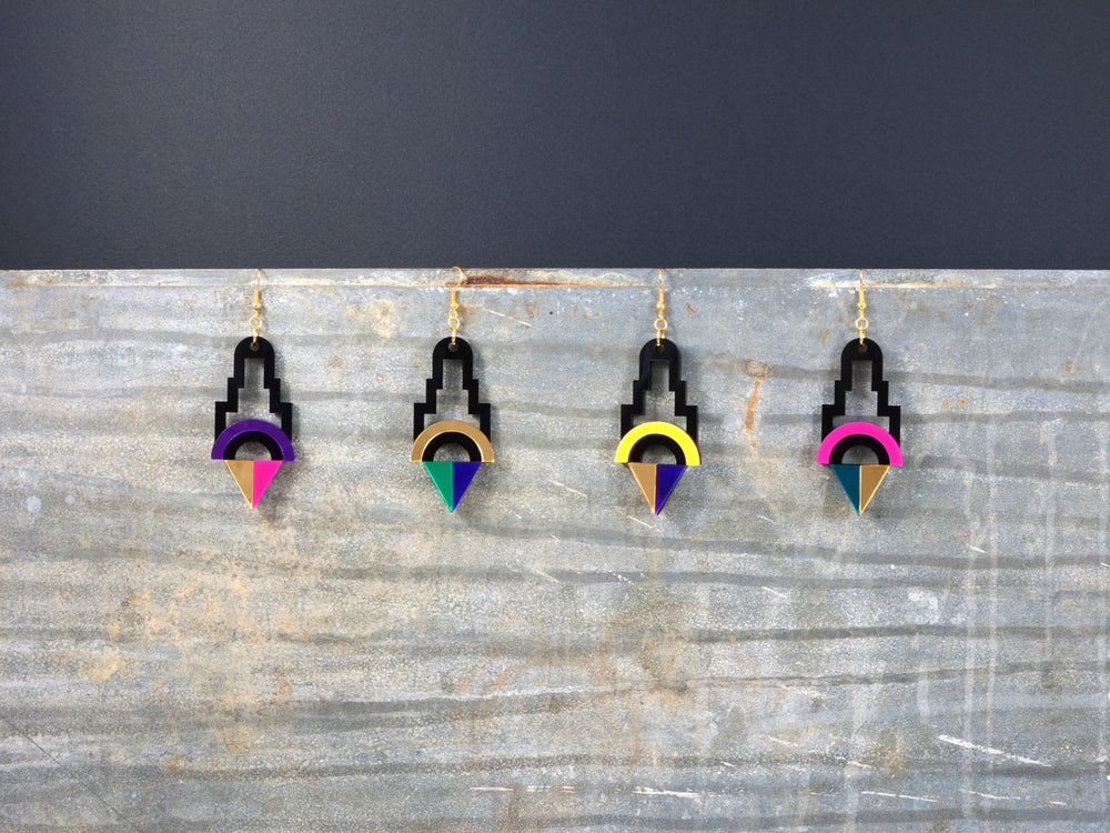FORM001 Earrings - Gold, Green, Purple